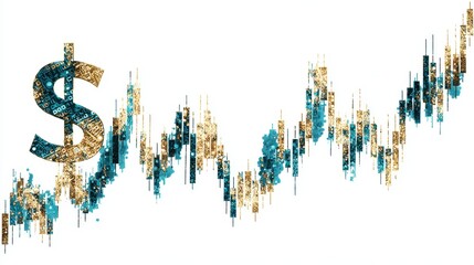Obraz premium A stock chart with dollar sign clipart, finance concept element, vector illustration, teal and gold, isolated on white background.