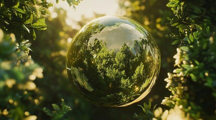 A reflective sphere showing trees and sky surrounded by leaves and sunlight in a forest setting