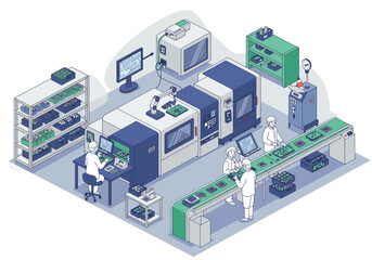 Obraz premium An isometric view shows workers inspecting electronic circuit boards in an industrial factory setting