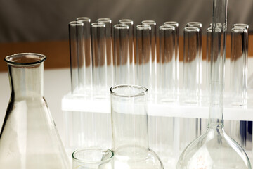 Laboratory equipment including various glass beakers and test tubes arranged on a white surface. 