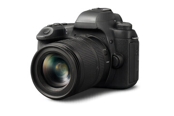 Fototapeta premium Professional black DSLR camera with lens isolated on transparent background