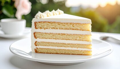 A luscious slice of layered cake with creamy frosting, is a delectable treat for a special occasion. is presented on a pristine white plate. 