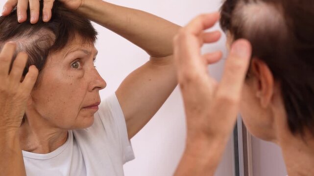 Mature caucasian woman examines her scalp in the mirror, revealing grown-out gray roots and hair thinning. Aging signs and hair health awareness