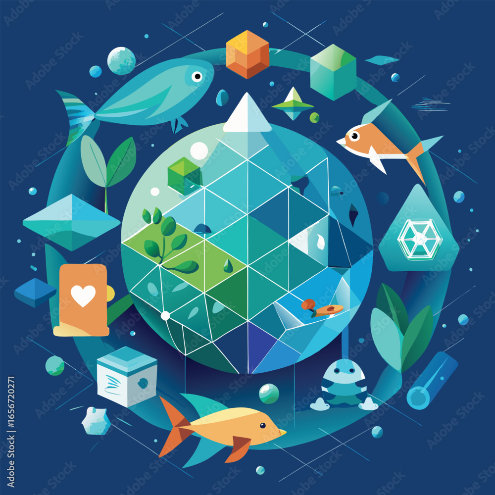 Poster an abstract vector illustration of fish and geometric shapes centered around a triangular planet in 