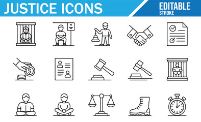 Icons of justice and legal symbols including scales, gavel, handcuffs, and legal documentation.