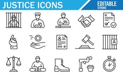 Line style icons of justice equipment such as gavel, scales, handcuffs, and legal documents.