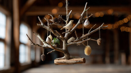 Rustic wooden branch decorated with natural ornaments and bird figurine creates cozy, festive atmosphere