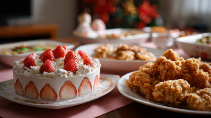 Delicious spread of fried chicken and strawberry topped cake on table, creating festive and inviting atmosphere