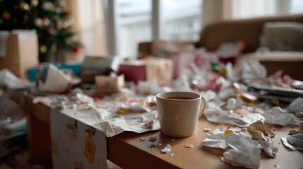 Messy living room with coffee cup on cluttered table, surrounded by crumpled paper and holiday decorations