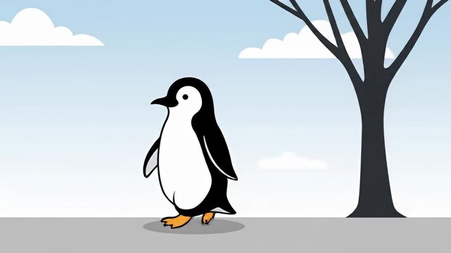 Animated penguin walking near a stylized bare tree against a blue, cloudy sky