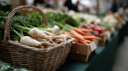Fresh vegetables including white radishes and carrots are displayed in baskets at farmers market, showcasing vibrant and healthy selection