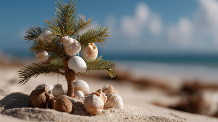Small pine tree decorated with seashells stands on sandy beach, evoking festive and tropical atmosphere