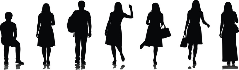 Silhouettes of diverse people walking, standing, sitting, posing, with reflections, isolated on white background, vector illustration for fashion, lifestyle, urban concepts