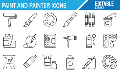 Vector icons of artist tools such as paint cans, brushes, and rollers for painting and DIY activities.