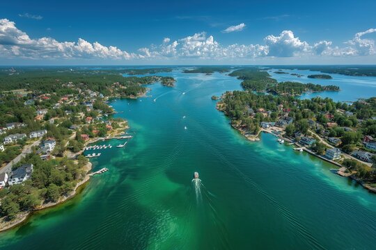 Scenic aerial view of coastal town with lush islands and clear blue water - Powered by Adobe