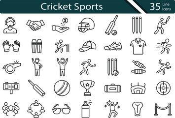 Cricket Sports Icon Set for Matches, Teams and Training Designs.