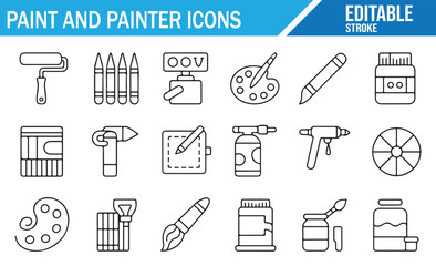 Editable vector icons of painting tools including brushes, rollers, and palettes for artists and DIY.