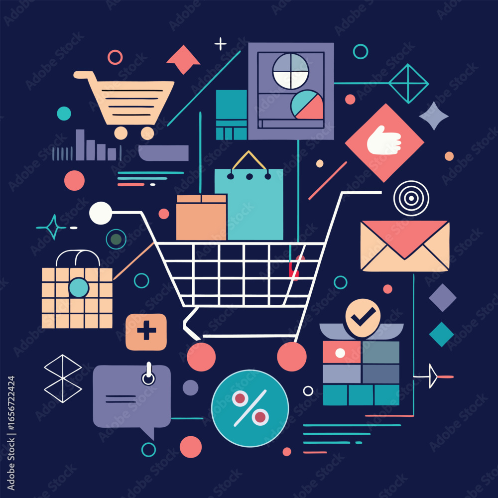 Aufkleber digital shopping cart illustration with abstract elements representing e-commerce and online retail 