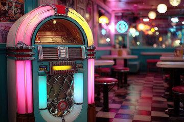 Retro jukebox in vibrant 1950s diner with neon lights and checkered floor