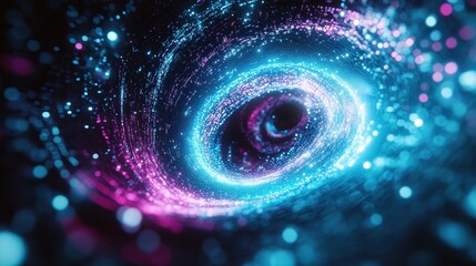 Abstract vortex of luminous data particles spiraling into digital portal, vivid cyan and magenta tones.