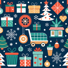Festive holiday season seamless pattern featuring presents christmas trees and various seasonal decorative elements in flat vector illustration