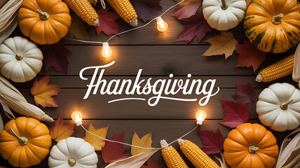 A Warm Thanksgiving Ambiance Pumpkins Corn Garland and Autumn Leaves on Rustic Wood for a Festive Holiday