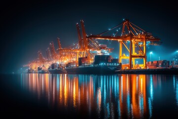 Nighttime cargo operations at an illuminated shipping port with cranes and containers