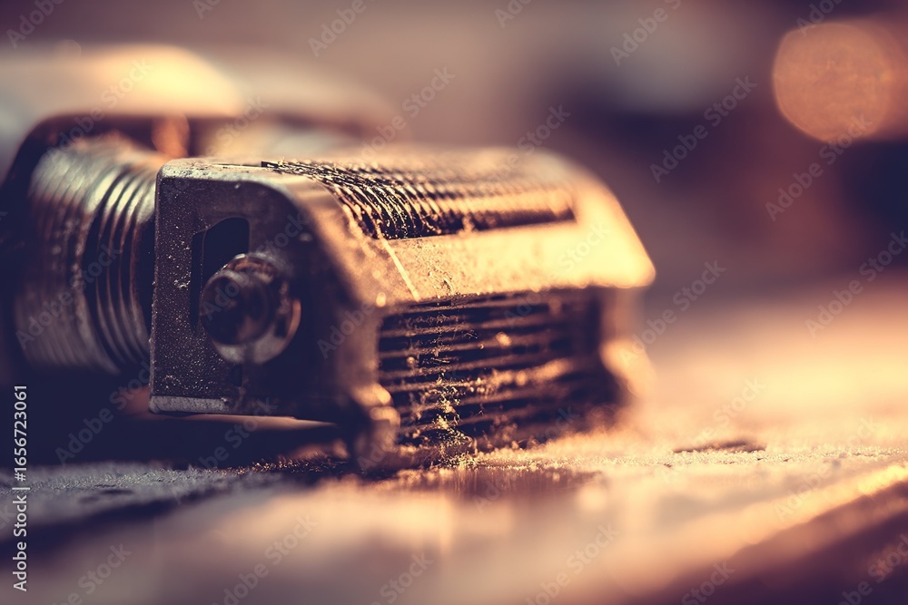 Poster close-up view of a rusted metal machine part resting on a wooden surface in warm lighting during the