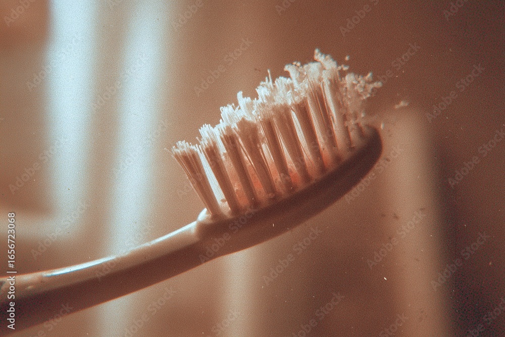 Poster close-up of a toothbrush with bristles reflecting light in a subtle, soft-focus environment