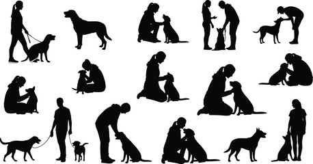 Dog walking, pet training, human interaction, silhouette vector, outdoor activity, companionship, playful moment, pet care, dog lover, animal bonding illustration