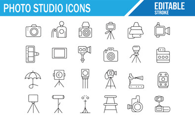 Editable vector icons of photo studio essentials like cameras, lights, and stands for media production.