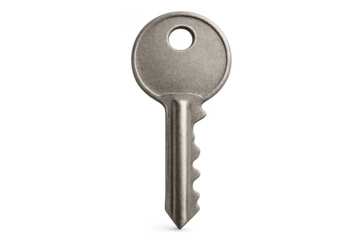 Single modern silver key standing upright, isolated on transparent background