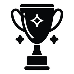 Black silhouette of a trophy cup with starbursts on white background award winner