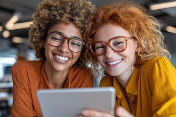 Two friends enjoying a cheerful moment while looking at a tablet indoors with a modern design