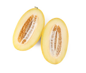 Halves of fresh ripe melon isolated on white, top view