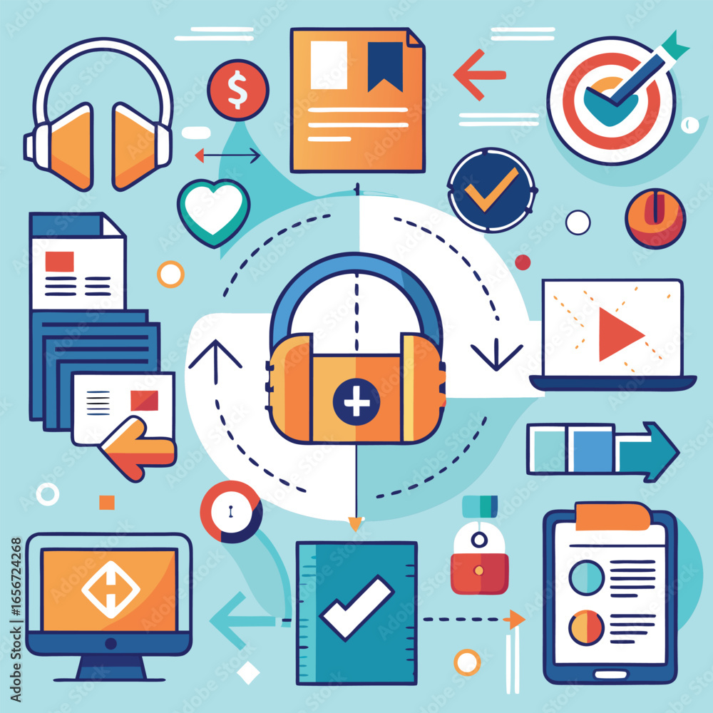 Poster modern vector illustration of a multimedia and data-driven workflow concept with technology elements