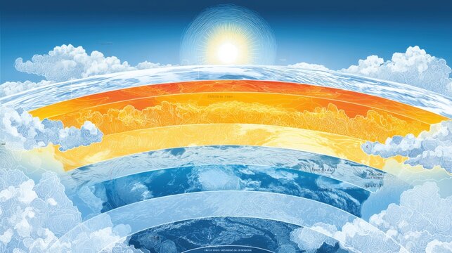 International Day for the Preservation of the Ozone Layer. Scientific illustration of Earth’s atmosphere layers with the ozone layer highlighted, detailed diagram, clean infographic style