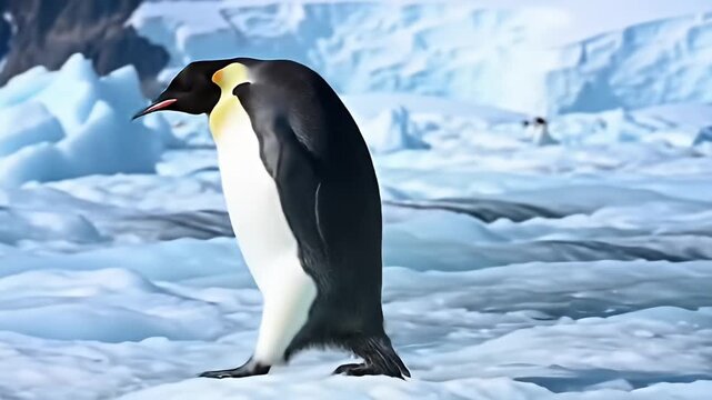Standing penguin on frozen ground, snowy mountains in the background, rendered image