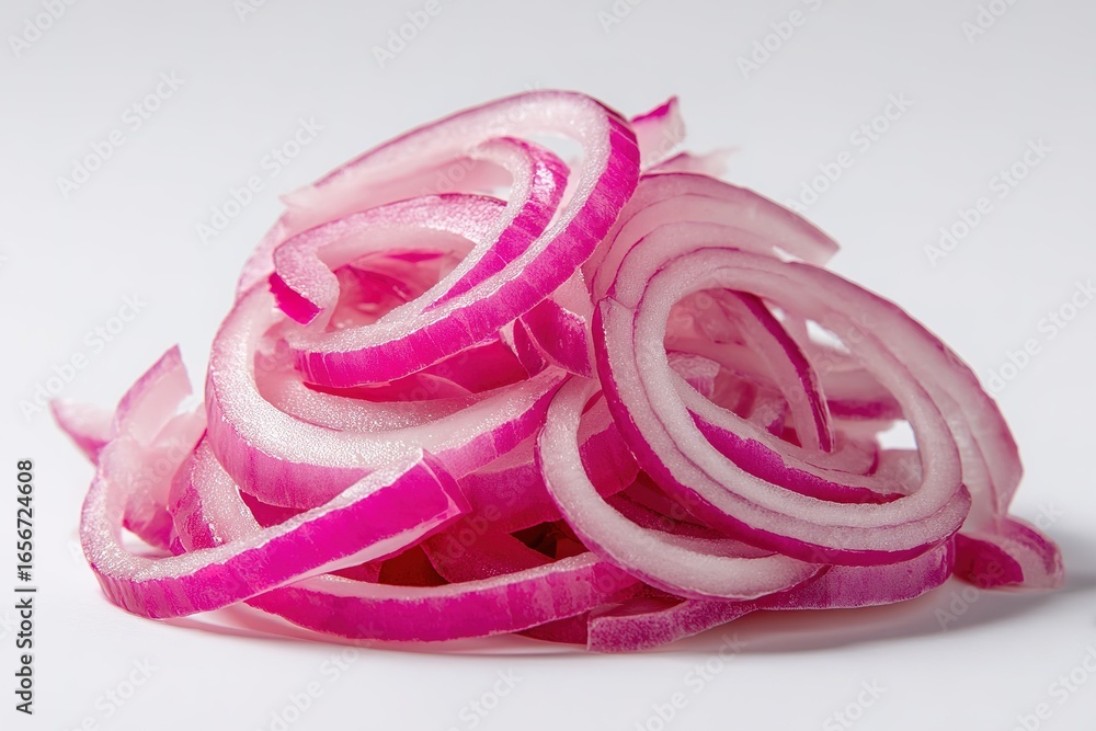 Poster pile of thinly sliced red onions arranged on a white background for culinary use in various dishes