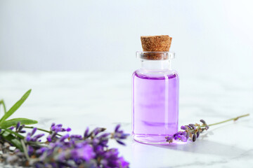 Aromatic essential oil in bottle and lavender flowers on white marble table against light grey...
