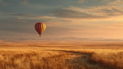 Obraz premium Hot air balloon over golden field at sunrise (1)