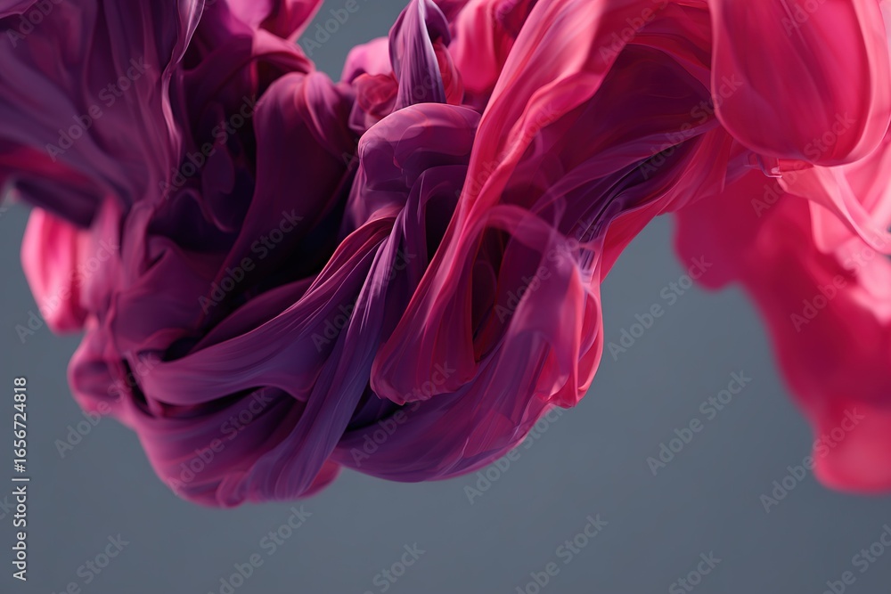 Poster vibrant fabric twists and layers create an abstract design in shades of pink and purple against a so
