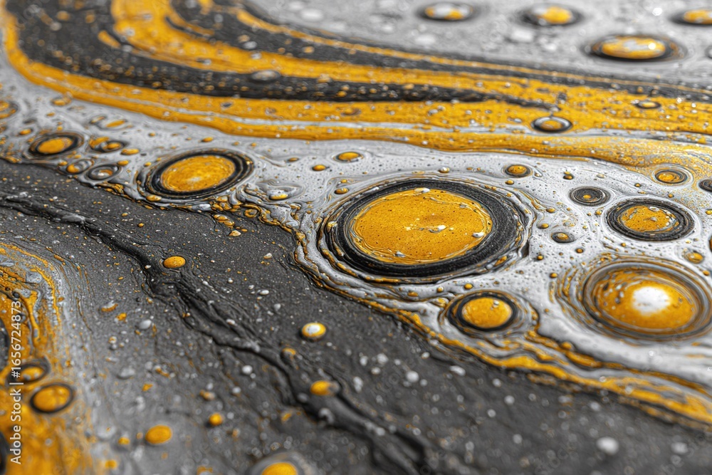 Poster artistic swirl of black and gold paint creating intricate circular patterns on a canvas surface