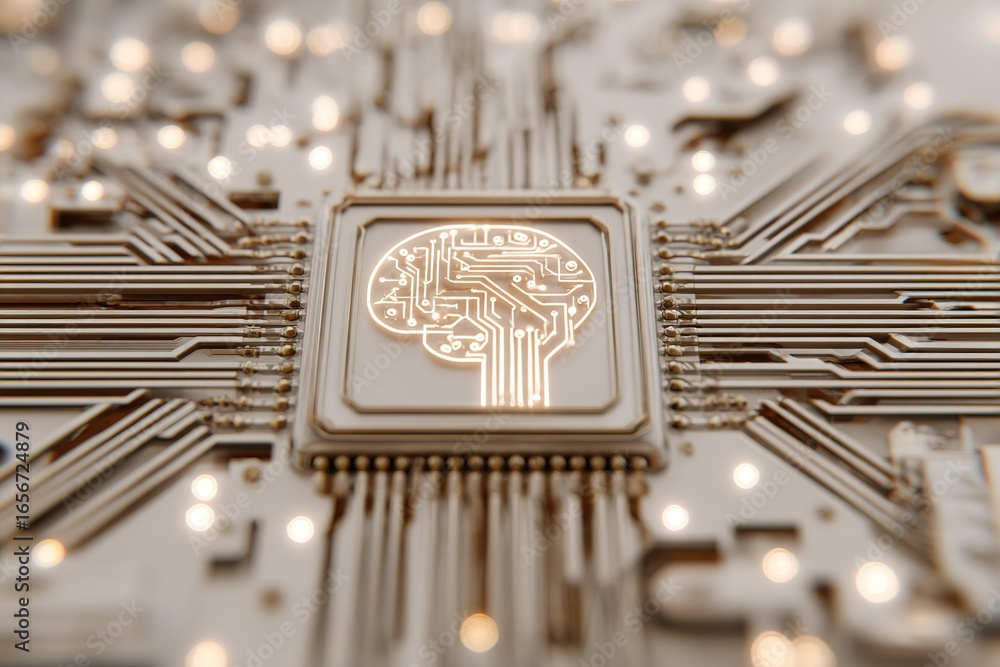 Poster close-up view of a circuit board with a glowing brain design symbolizing artificial intelligence and