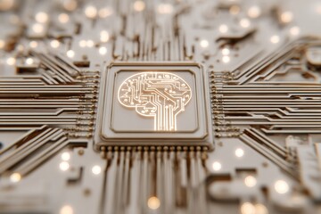 Close-up view of a circuit board with a glowing brain design symbolizing artificial intelligence and technology innovation