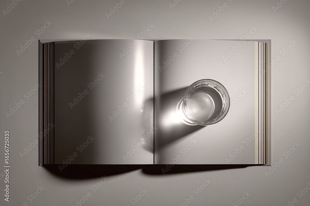 Poster glass of water placed on an open book creating a serene and minimalistic composition on a textured s