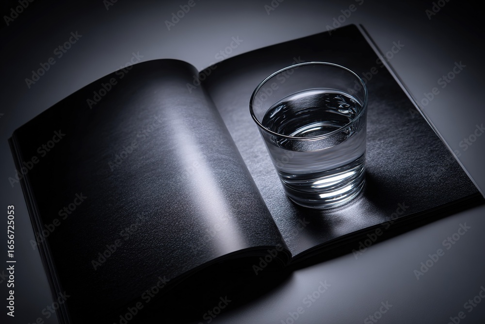 Poster glass of water resting on an open black book in a dimly lit setting showcasing contrast and simplici