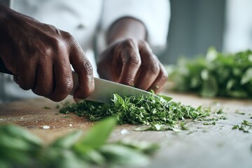 Chopping fresh herbs in a bright kitchen during a culinary preparation session