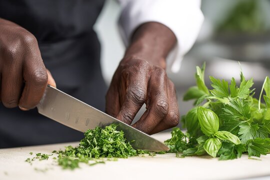 Chopping fresh herbs in a kitchen with a professional chef preparing ingredients for a delicious dish