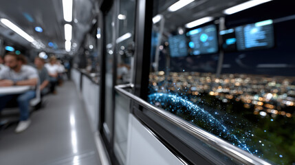 Inside a modern transportation setting, glowing interfaces and a vibrant cityscape outside the window create a dynamic experience, reflecting the energy of urban living.